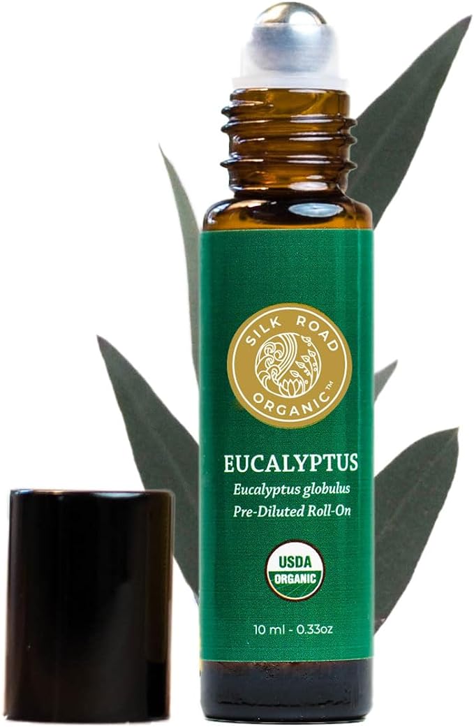 Silk Road Organic Eucalyptus Essential Oil Roll On, 100% Pure USDA Certified - Respiratory Health, Colds, Cough, Sinus & Allergy Congestion - 10 ml Roller - Always Pure, Always Organic-Velvo Beauty