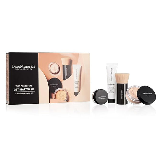 bareMinerals Original Get Started Kit, 4 Piece Mini Mineral Makeup Includes Original Loose Foundation, Face Primer, Setting Powder, Brush, Travel Sizes, Must-Have Kit, Vegan-Velvo Beauty