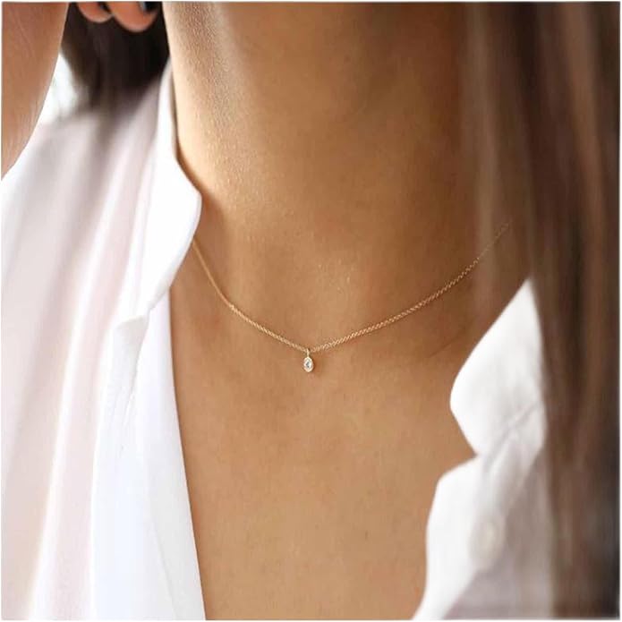 Boho Tiny Crystal Choker Gold Clear Quartz Pendant Necklace Minimal Dot CZ Choker Necklace Simple Everyday Necklace Wedding Necklace Jewelry for Women and Girls Gifts-Velvo Beauty