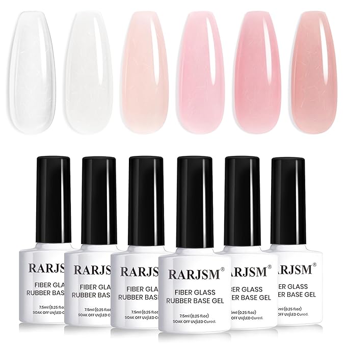 RARJSM Nude Fiber Glass Rubber Base Gel Nail Polish Set 6pcs for Repair Broken Nails Clear Milky White Jelly Rose Pink Strengthener Base Coat Transparent Brush on Building Gel in a Bottle 7.5ml-Velvo Beauty