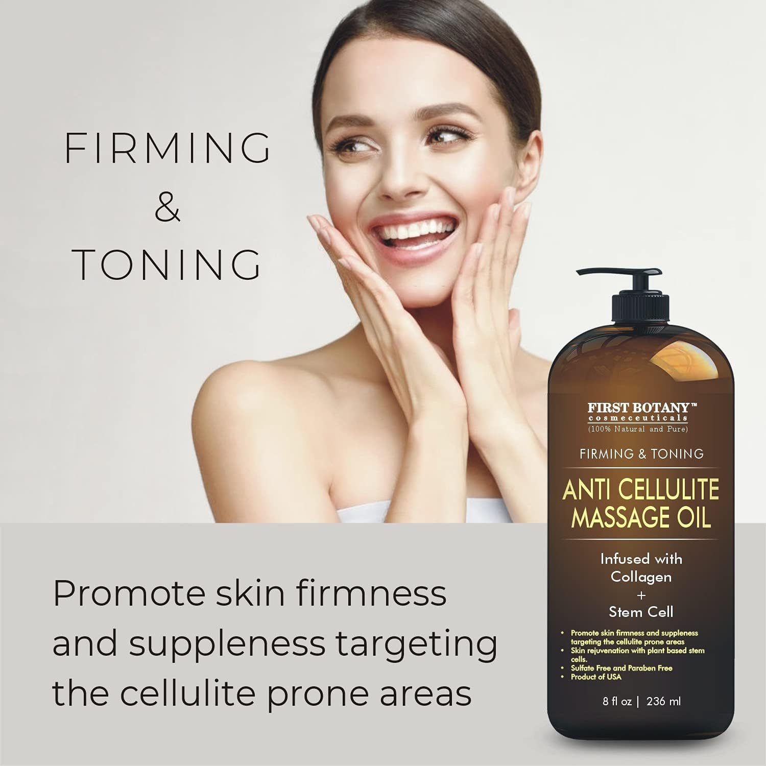 First Botany, Anti-Cellulite Massage Oil Infused with Collagen & Stem Cells - Natural Cellulite & Stretch Mark Treatment for Men & Women - 8 oz-Velvo Beauty