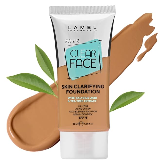 Lamel- Oh my Clear Face Foundation-406 Sand | Contains tea tree extract and salicylic acid |Controls sebum production |Anti-blemish formula |Oil free foundation | 40ml-Velvo Beauty