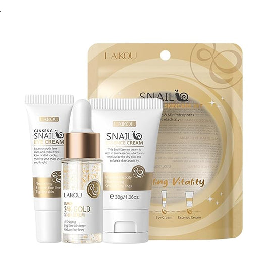 Snail Mucin Skin Care Set,Gold Snail Serum,Ginseng Snail Eye Cream,Snail Essence Cream 3 in 1 Essentials Travel,Improve Damaged Skin Lmproves Elasticity and Minimizes Pores(3pcs)-Velvo Beauty