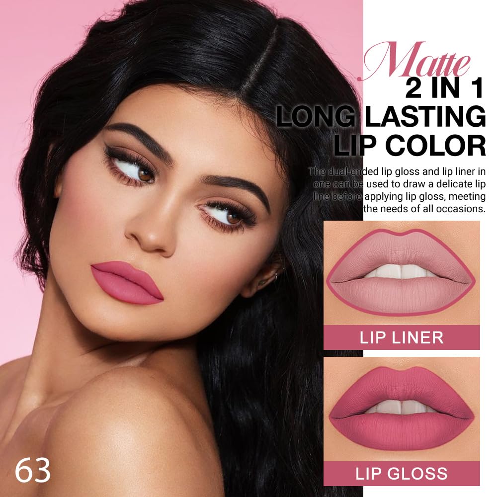 evpct 1Pcs Hot Mauve Matte Lip Liner & Liquid Lipstick Stain Makeup Set for Women, Hot Mauve Lip Liner Stain Long Lasting Waterproof Smudge Proof, Cruelty Free Lip Stick Makeup 24 hours originales, 63-Velvo Beauty