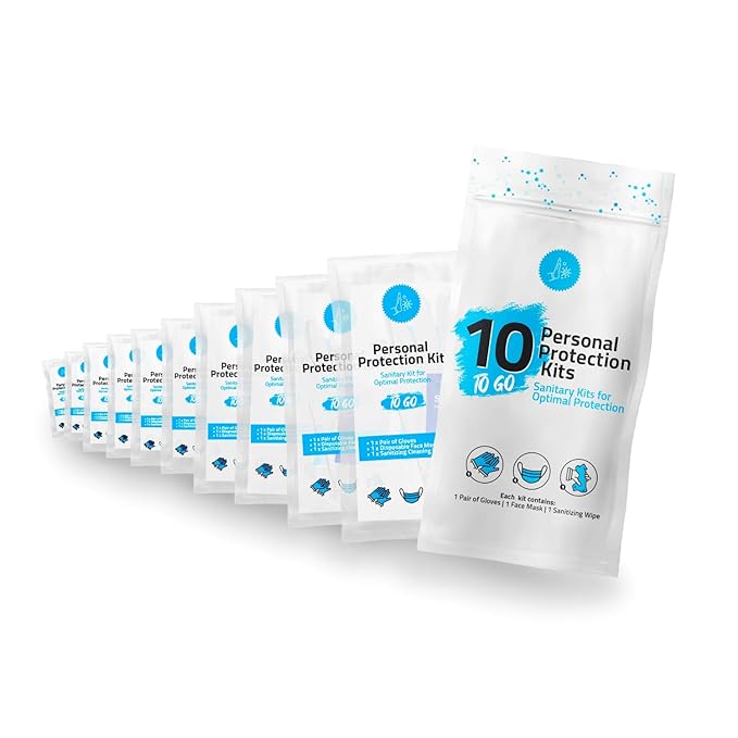 All-in-One Personal Protection Kits to GO - 10 Pack - With Plastic Gloves, Hand Cleansing Wipes, Disposable Face Mask-Velvo Beauty