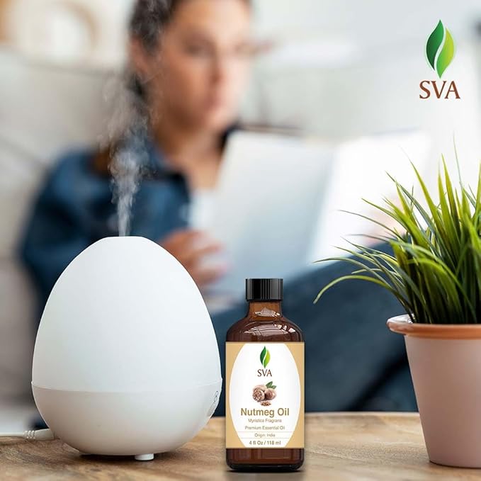 SVA Nutmeg Essential Oil – 4 Fl Oz – 100% Natural Nutmeg Oil - for Diffuser, Hair Care, Face, Skin Care, Aromatherapy, Scalp and Body Massage, Soap and Candle Making – with Dropper-Velvo Beauty