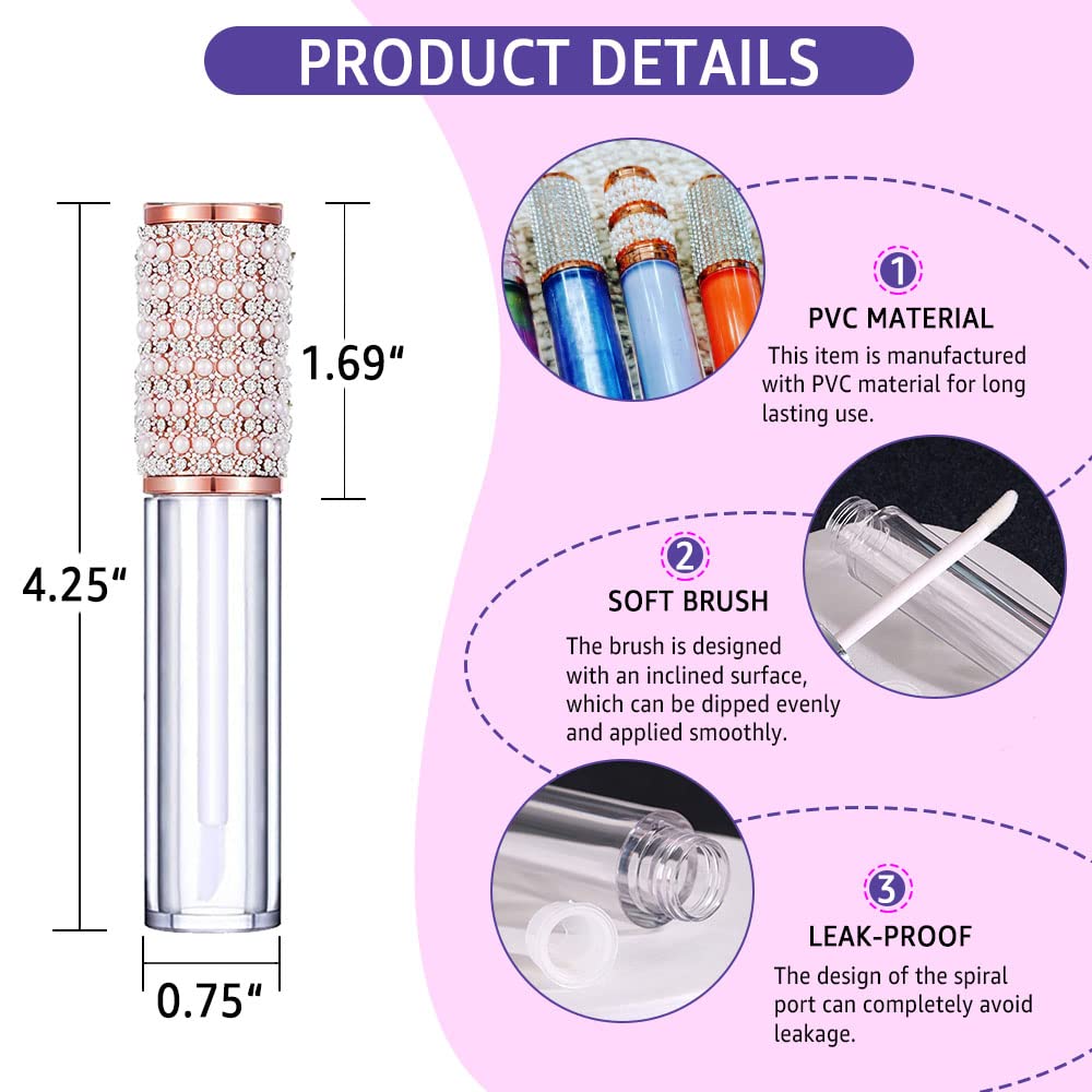AMORIX 72pcs 5ml Diamond Lip Gloss Tubes With Wand - Empty Rhinestone Containers, Crystal Bottles, Supplies Kit - 4 Syringes + Labels for DIY Base-Velvo Beauty