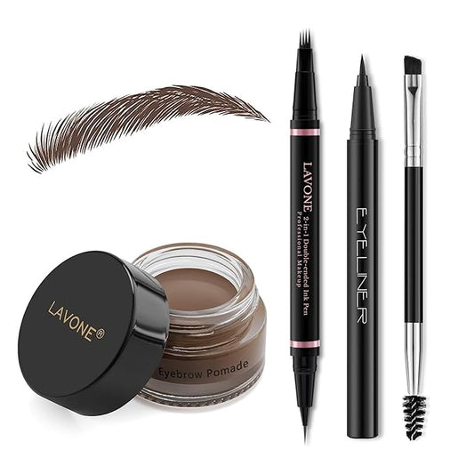 LAVONE Eyebrow Pencil Makeup Kit, with Waterproof 2-IN-1 Microblading Eyebrow Pen, Eyebrow Pomade, Eyeliner and Dual-ended Eyebrow Brush, Brow Pencil Kit for Natural Eyebrows - Dark Brown-Velvo Beauty