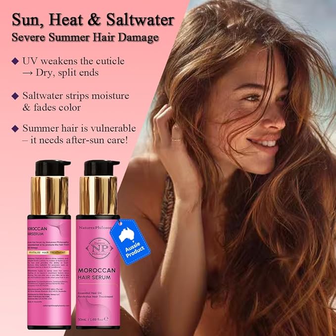 NP NATURES PHILOSOPHY Moroccan Argan Oil - Hair Serum Organic, Anti-Frizz, Repairs Damaged Hair, Adds Shine for All Hair Types Aussie Allergy-Free Moroccan Oil Hair Products 1.69 Fl oz-Velvo Beauty