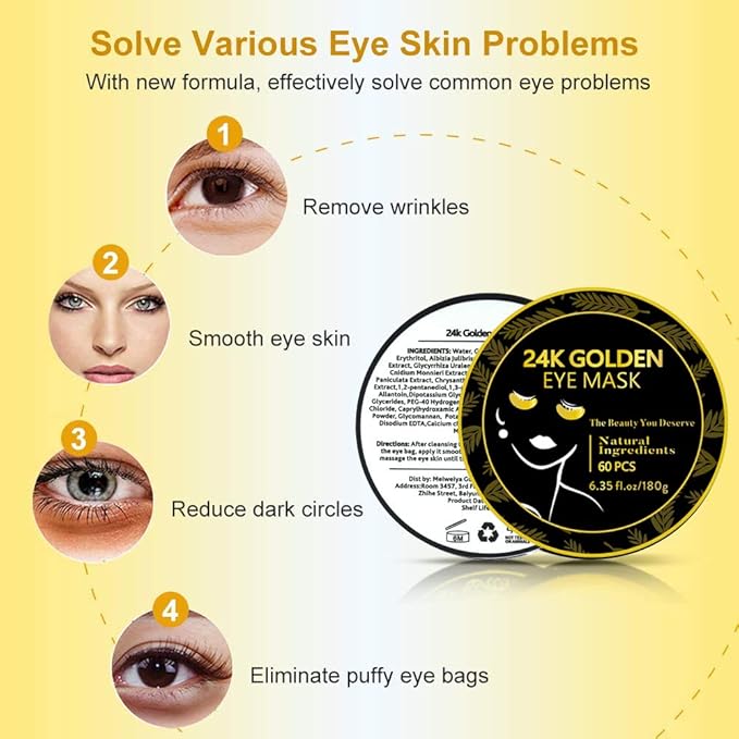 Under Eye Patches, 24K Gold Eye Mask, 60PCS Under Eye Mask, Collagen Gel Pads Patch Treatments for Lighten Wrinkles Puffy Eyes Dark Circles Anti-Aging Moisturizing, Fine Lines Eye Bags Women Men-Velvo Beauty