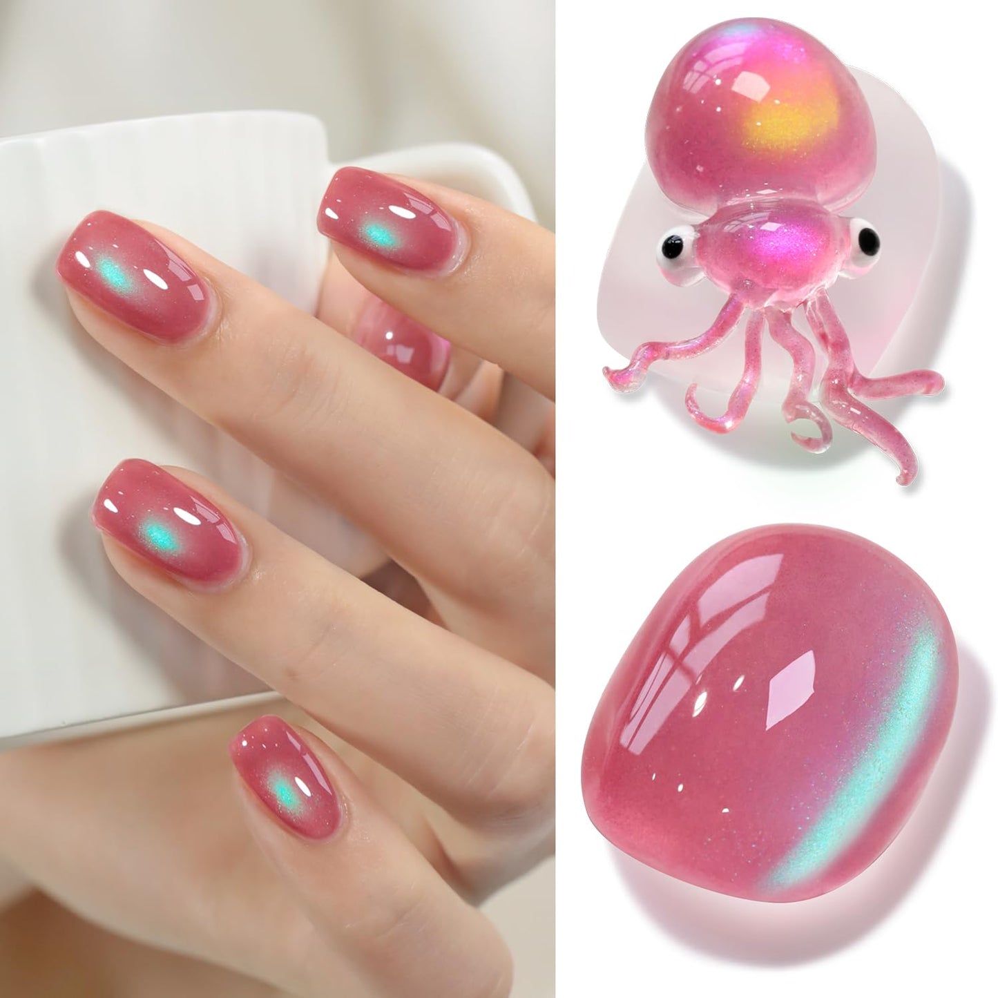 Double Rhythm Jelly Glass Cat Eye Gel Polish with Magnet 15ML Holographic Glitter Shimmer Translucent Sheer Color Magnetic Nail Polish Salon DIY at Home (Pink Teal-MC1267)-Velvo Beauty