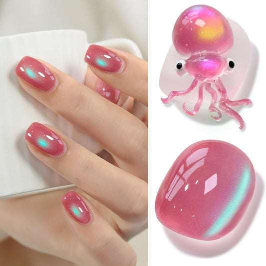 Double Rhythm Jelly Glass Cat Eye Gel Polish with Magnet 15ML Holographic Glitter Shimmer Translucent Sheer Color Magnetic Nail Polish Salon DIY at Home (Pink Teal-MC1267)-Velvo Beauty