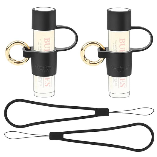 Desing Wish 2 PCS Silicone Lip Balm Holder with Cap Cover Portable Chapstick Holder Keychain Sleeve Lip Balm Key Chain with Key Ring and Wrist Strap Lanyard - Black-Velvo Beauty