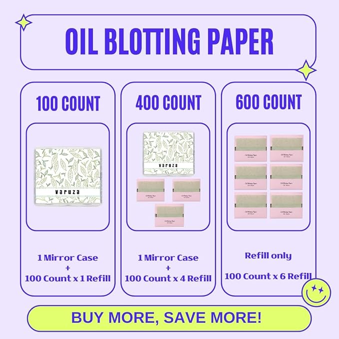 [400 Counts + Mirror Case] Green Tea Natural Oil Blotting Sheets for Face with Mirror Case and Refills-Velvo Beauty