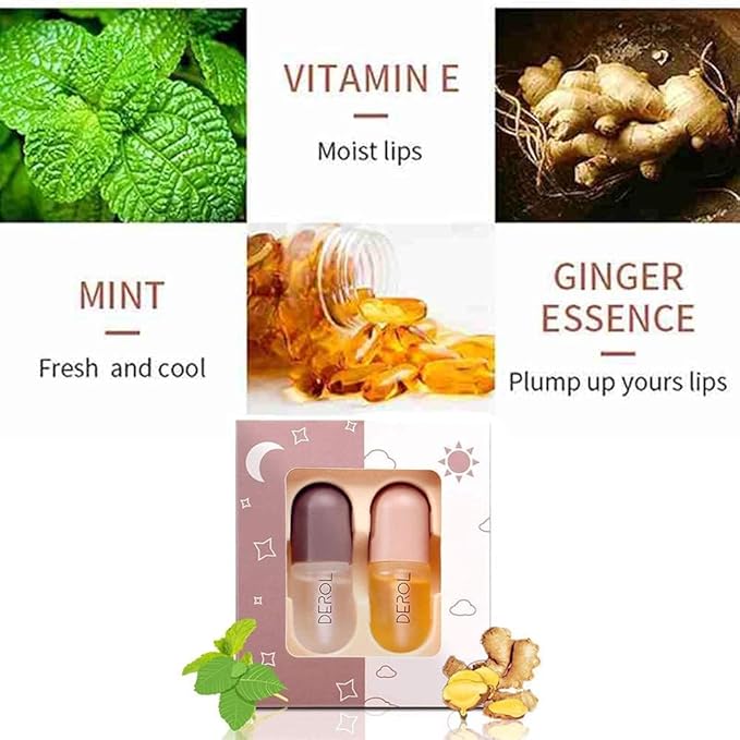 DEROL Lip Plumper by Vafee, Natural Lip Plumper and Lip Care Serum, Lip Enhancer for Fuller, Lip Mask, Beautiful Fuller, Hydrating & Reduce Fine Lines 5.5ML (Day& Night)-Velvo Beauty