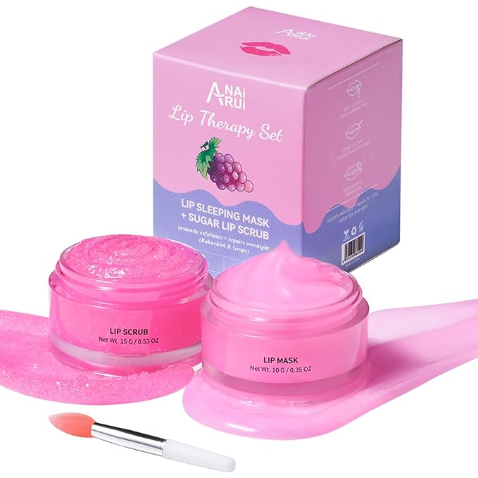 ANAI RUI Lip Therapy Set, Lip Scrub & Lip Mask, Overnight Hydrating Lip Moisturizer with Lip Exfoliator Scrub and Lip Sleeping Mask for Lip Plumping, Lip Gift Kit for Dry, Chapped, Dark Lips, Grape-Velvo Beauty