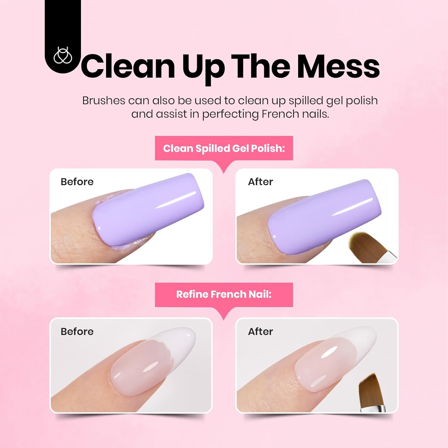 Beetles Nail Art Brushes, 6 Pcs Fingernail Art Design Pens, Pink Handle French Tip Ombre Clean Up Nail Brush Set for Gel Polish with Palette DIY Manicure Tools Gift for Women-Velvo Beauty