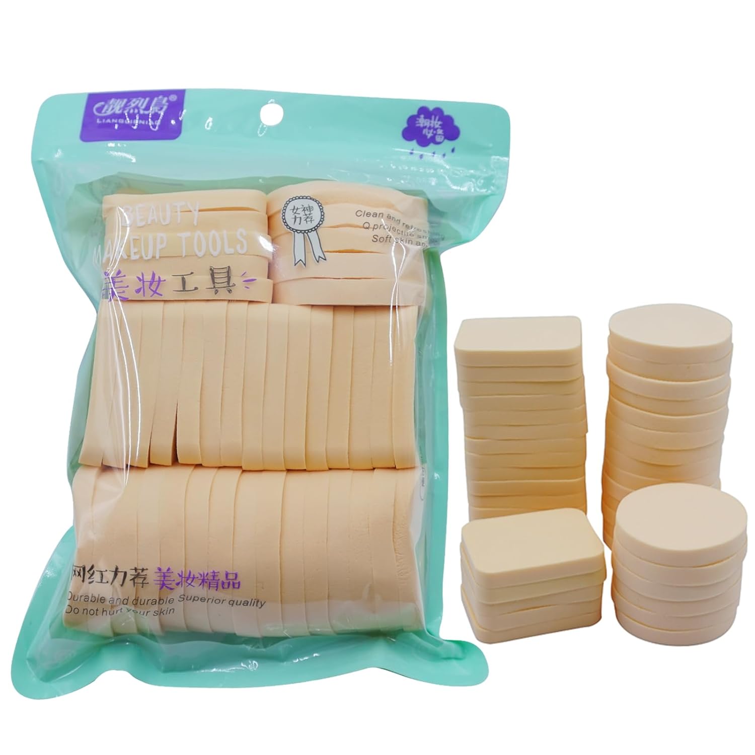 40PCS Round Square Shaped Makeup Blenders Sponges Set, Use for Dry and Wet, Perfect for Full Face Curve Blending, Cream, Liquid, Powder Foundation Cosmetics, Latex Free, Soft, Flexible-Velvo Beauty
