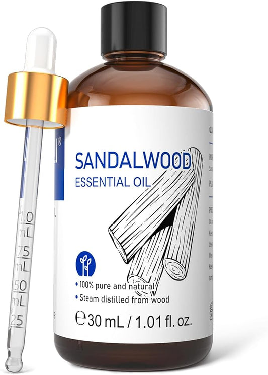 HIQILI Sandalwood Essential Oils 1 Fl Oz, 100% Pure Natural Therapeutic Grade for Skin, Diffuser, Perfume, Candle Soap Making, Includes Premium Quality Glass Dropper-Velvo Beauty