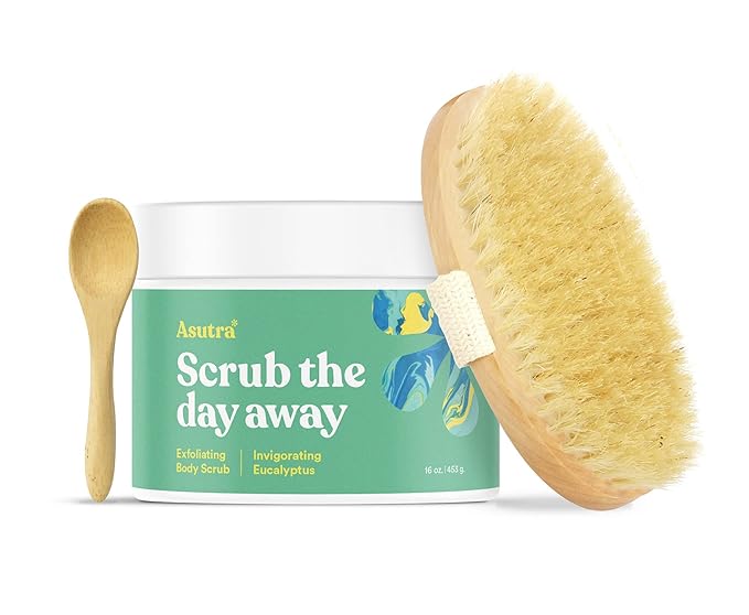 ASUTRA Dead Sea Salt Essential Oil Body Scrub Exfoliator and Dry Brush Bundle (Invigorating Eucalyptus), 16 oz - Ultra Hydrating, Gentle, & Moisturizing - Coconut, Eucalyptus, and Marjoram Oils-Velvo Beauty