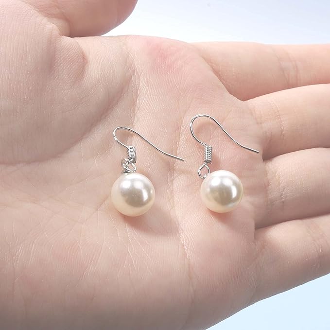 Boho Pearl Hook Earrings Freshwater Pearl Drop Earrings Silver Round Dangle Earrings Bridal Earrings Jewelry for Women and Girls Bridesmaid Gifts-Velvo Beauty