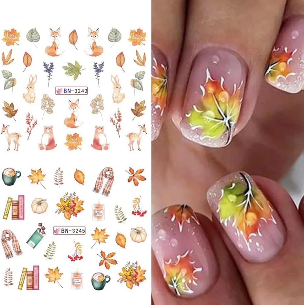 Fall Thanksgiving Nail Art Stickers Decals Autumn Maple Leaf Water Transfer Nail Foils Supplies Fall Pumpkin Squirrel Fox Mushroom Designer Nail Decals for Nail Art Thanksgiving Nail Art Decoration-Velvo Beauty
