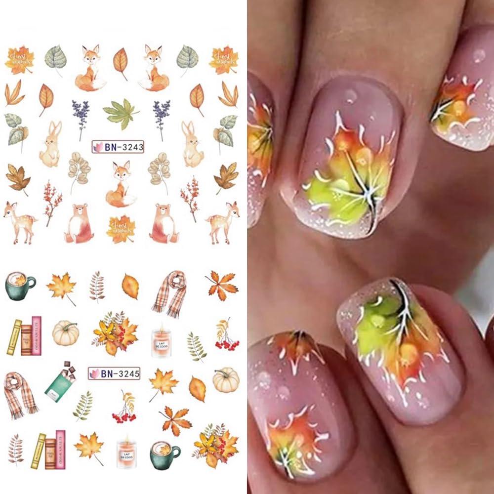 Fall Maple Leaf Nail Art Stickers for Thanksgiving Day Accessories - Autumn Water Transfer Decals With Fall Harvest Pumpkin Squirrel Bird Watermark Slider Foils for Women-Velvo Beauty