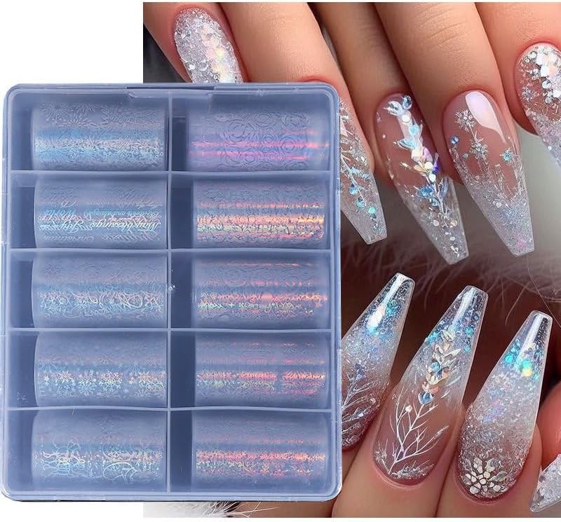 Christmas Nail Foil Transfer Stickers 10 Rolls Silver Snowflakes Skull Nails Stickers White Bunch Nail Foils 1 Box Colorful Starry Sky Paper Nail Decals Christmas Nails Art Sticker Nails Art Decals-Velvo Beauty