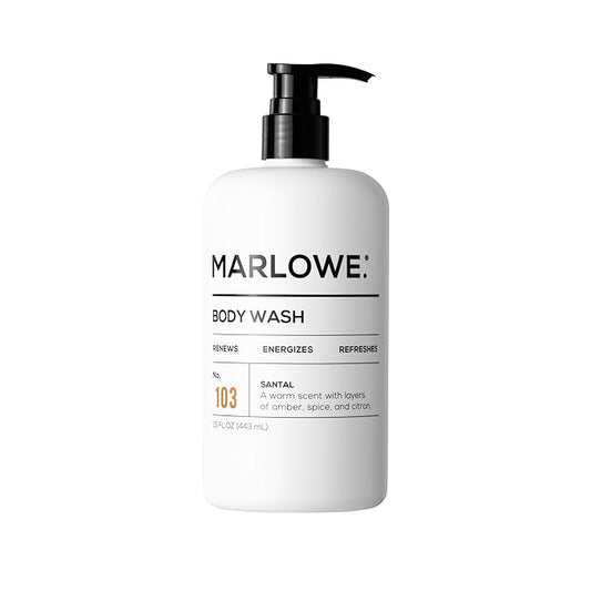 MARLOWE. No. 103 Body Wash 15 oz Pump, Santal, Energizing & Refreshing Shower Gel, Willow Bark & Green Tea Extracts, Cleanses, Moisturizes, Smooths & Nourishes, Warm Amber, Spice & Citron Scent-Velvo Beauty