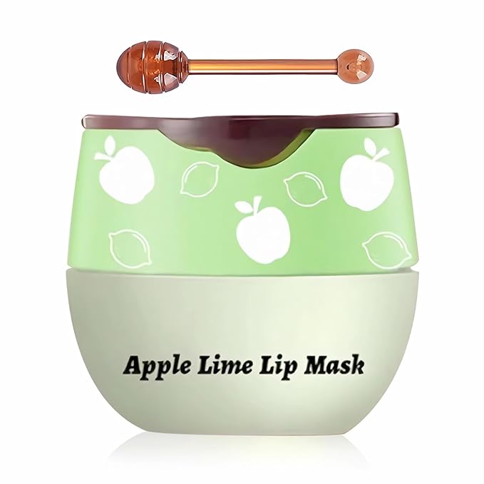 Apple Lime Sleeping Lip Mask,Bee Lip Balm Lip Mask Honey Pot Propolis Moisturizing Lip Balm with Stick,Plumping Lip Hydrating Prevention Dry& Cracked Lip Scrubs Exfoliato Lip Wrinkle Care(Apple Lime)-Velvo Beauty