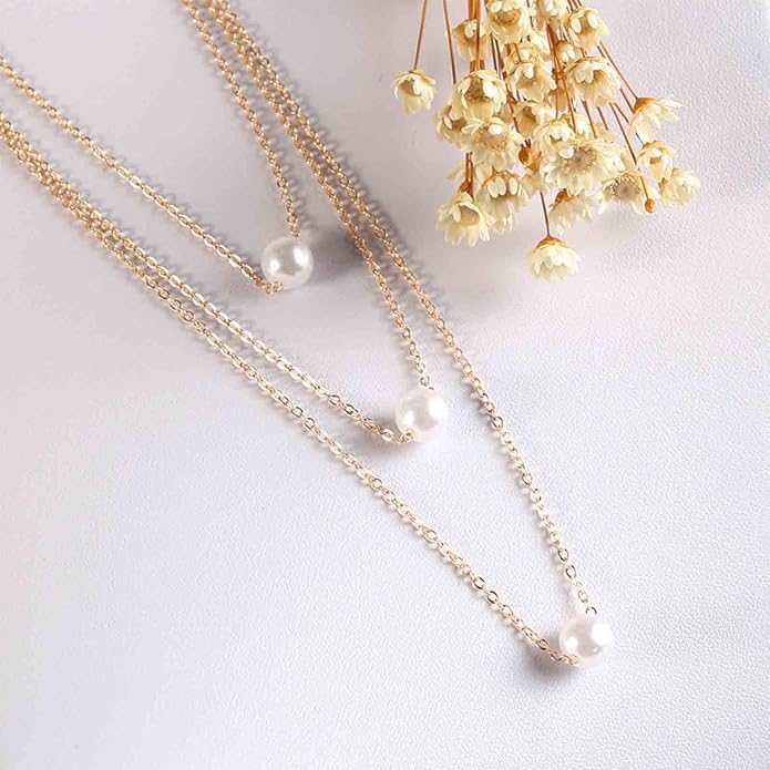 Boho Layered Pearl Necklace Choker Gold Pearl Pendant Necklace Multi Layer Vintage Necklace Chain Bridal Necklace Jewelry for Women and Girls-Velvo Beauty