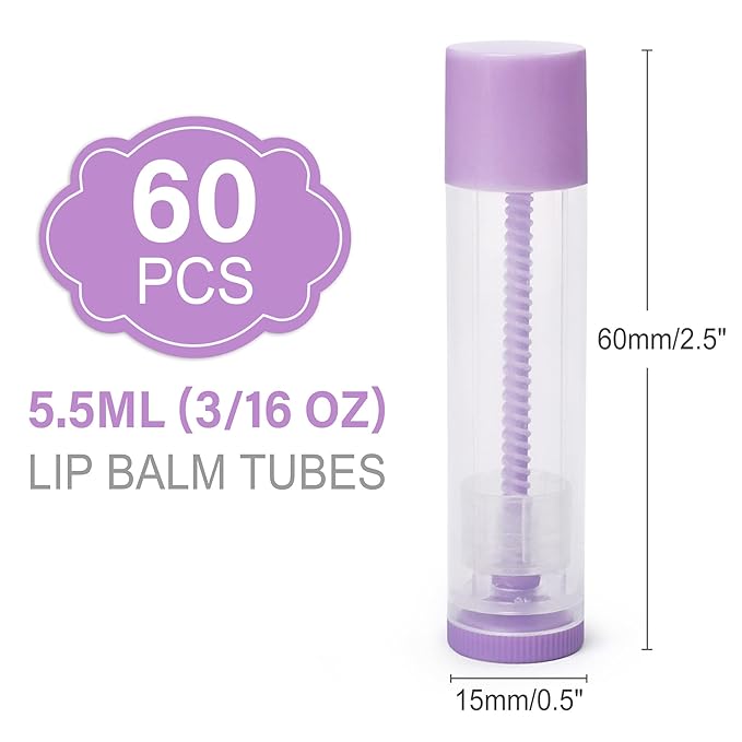 LotFancy Lip Balm Tubes Empty, 60PCS 5.5ml (3/16 Oz), Clear Lip Balm Container Tubes with Purple Caps, BPA Free & Leak Free, Refillable-Velvo Beauty