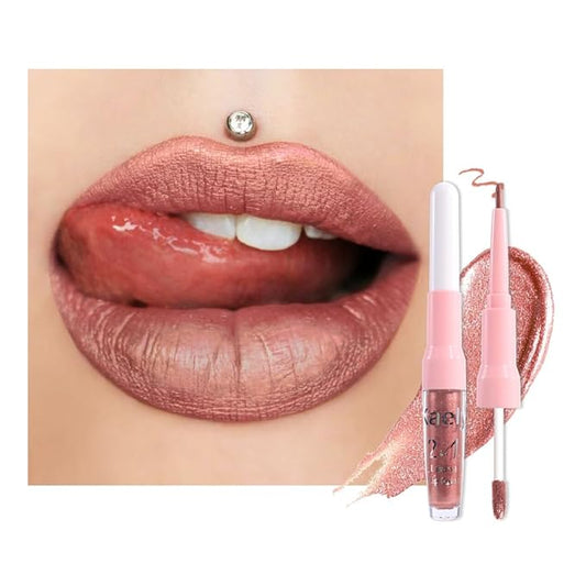 evpct Bronze Gold Metallic Glitter Lip Liner and Lipstick Combo Lip Gloss Stain Set Makeup for Women Long Lasting Waterproof 24, Rose Gold Metallic Shimmer Frosted Iridescent Glossy Liquid Lipstick 14-Velvo Beauty