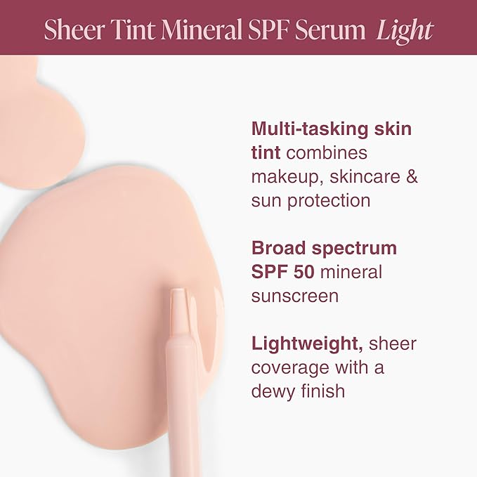 Mineral Fusion Face Serum, Sheer Tint Mineral SPF Serum, 1 Fl Oz, Light, Tinted Broad Spectrum SPF 50 Mineral Sunscreen, Sheer Coverage, Lightweight & Dewy Finish for Glowing, Protected Skin-Velvo Beauty