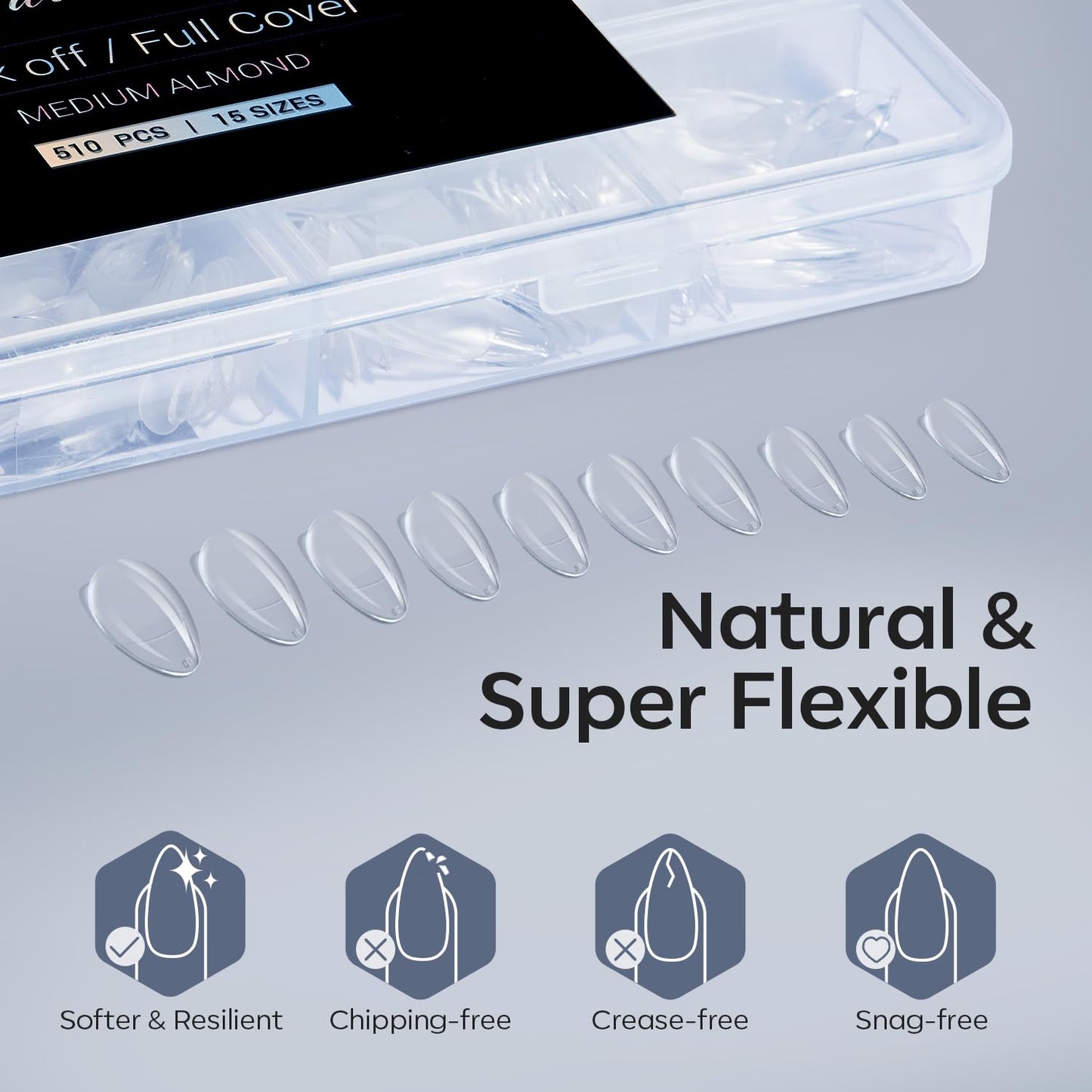 Modelones Almond Fake Nail Tips -510Pcs Medium Soft Gel Nail Tips Almond Shape Pre Etched Half Matte Full Cover Clear Acrylic Gel Kit False Press on for Extension Manicure Salon DIY at Home 15 Sizes-Velvo Beauty