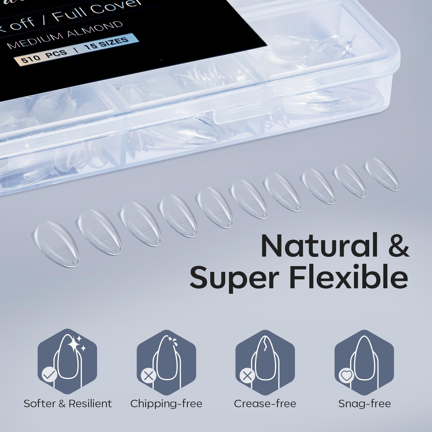 Modelones Almond Fake Nail Tips -510Pcs Medium Soft Gel Nail Tips Almond Shape Pre Etched Half Matte Full Cover Clear Acrylic Gel Kit False Press on for Extension Manicure Salon DIY at Home 15 Sizes-Velvo Beauty