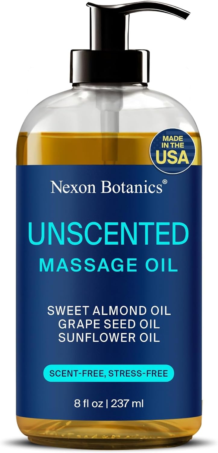 Unscented Massage Oil for Massage Therapy 8 fl oz - Refreshing and Relaxing - Natural Oils with Sweet Almond, Grape Seed and Sunflower Oil - for Men and Women - Nexon Botanics-Velvo Beauty