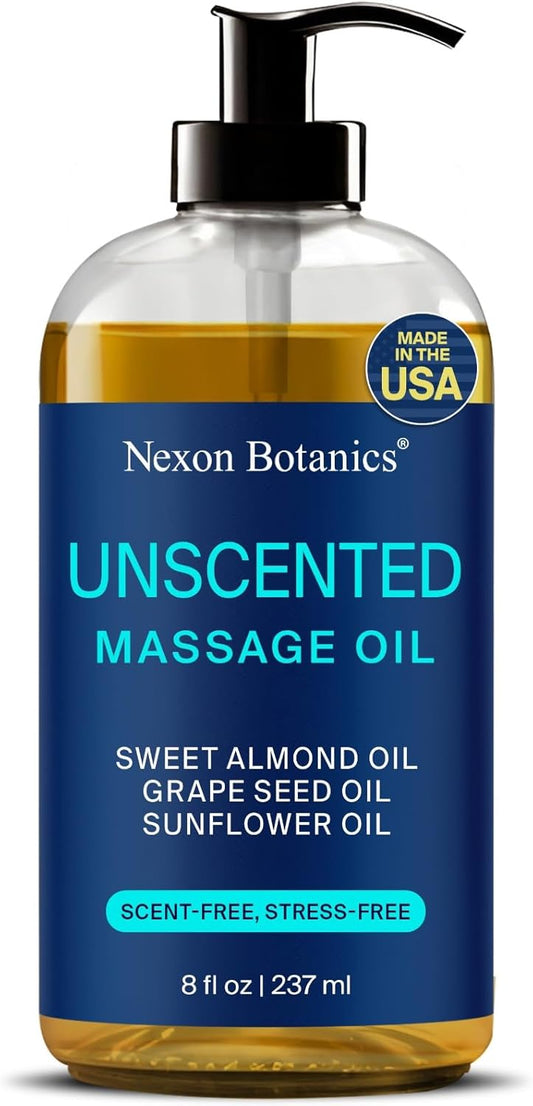 Unscented Massage Oil for Massage Therapy 8 fl oz - Refreshing and Relaxing - Natural Oils with Sweet Almond, Grape Seed and Sunflower Oil - for Men and Women - Nexon Botanics-Velvo Beauty