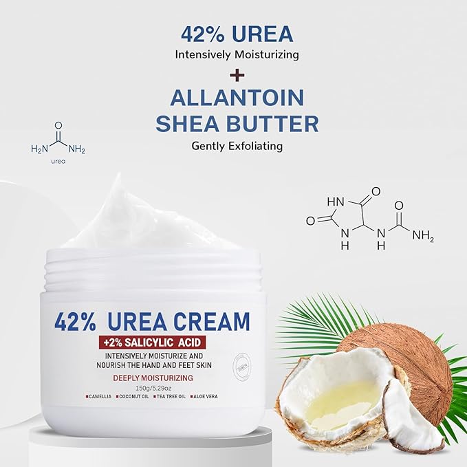 OUKEYA Urea Cream 42% plus Salicylic Acid 2% Net 5.29 Oz for Dry Cracked Feet,Heels,Knees,Elbows,Hands Repair Treatment Moisturizes and Removes Corns,Calluses,Dead Skin,and Softens Toenails-Velvo Beauty