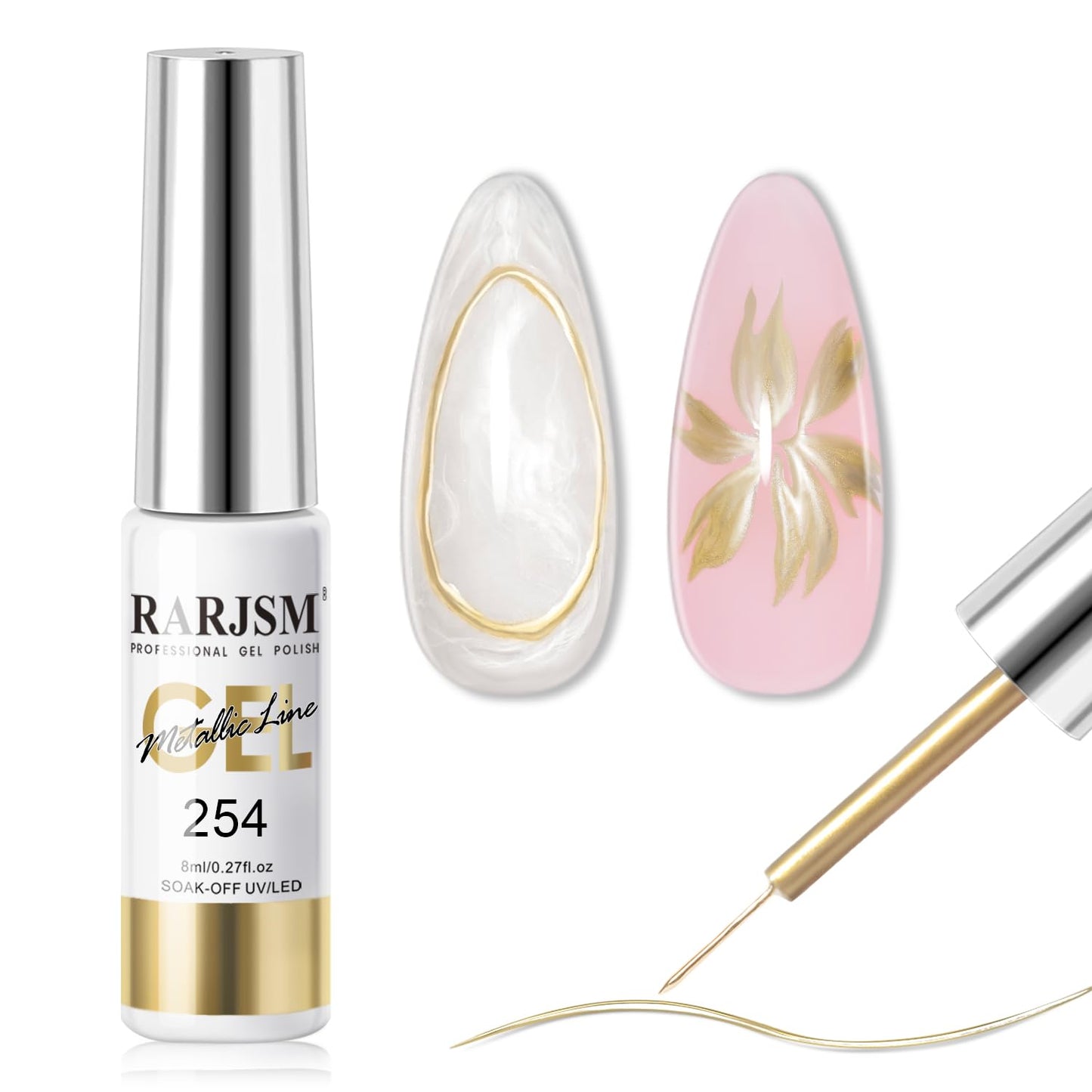 RARJSM Metallic Chrome Gel Liner Nail Art Champagne Gold 3D Mirror Effect Gel Nail Polish 8ml Build in Thin Brush Metal Painted Drawing Striper Painting GelPolish Soak off Curing Requires Home Salon-Velvo Beauty