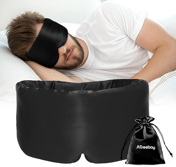 Silk Sleep Mask for Women Men, Mulberry Silk Eye Sleeping Mask & Blindfold with Adjustable Velcro Strap, Blackout Eye Cover for Sleep Travel Yoga Nap, Large Size, Black-Velvo Beauty