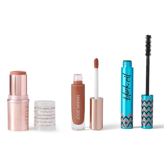 Josie Maran 3-Piece Color Makeup Kit - Argan Oil-Based Makeup Balm for Lips, Cheeks and Eyes, Hyaluronic Acid Lip Plumper & Argan Black Mascara (3 Piece Set)-Velvo Beauty