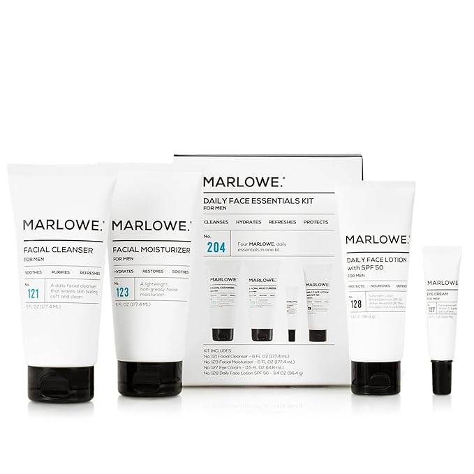 MARLOWE. Mens Skin Care Set, No. 204 Daily Essential Face Kit, No. 121 Facial Cleanser, No. 123 Facial Moisturizer, No. 127 Eye Cream, No. 128 Daily Face Lotion with SPF 50, Great Gift for Men-Velvo Beauty