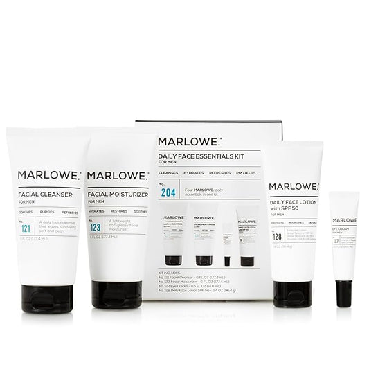 MARLOWE. Mens Skin Care Set, No. 204 Daily Essential Face Kit, No. 121 Facial Cleanser, No. 123 Facial Moisturizer, No. 127 Eye Cream, No. 128 Daily Face Lotion with SPF 50, Great Gift for Men-Velvo Beauty
