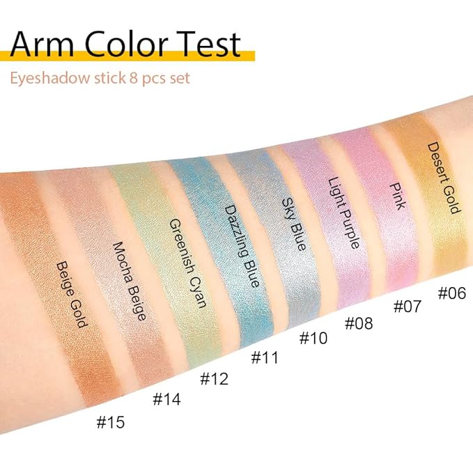 Kaely 8Pcs Cream Eyeshadow Stick Set, Desert Mocha Beige Gold Light Purple Pink Sky Dazzling Blue Geen, Shimmer Eyeliner Pencil Eye Shadow Sticks Palette Makeup for Older Women, sombras para ojos 02-Velvo Beauty