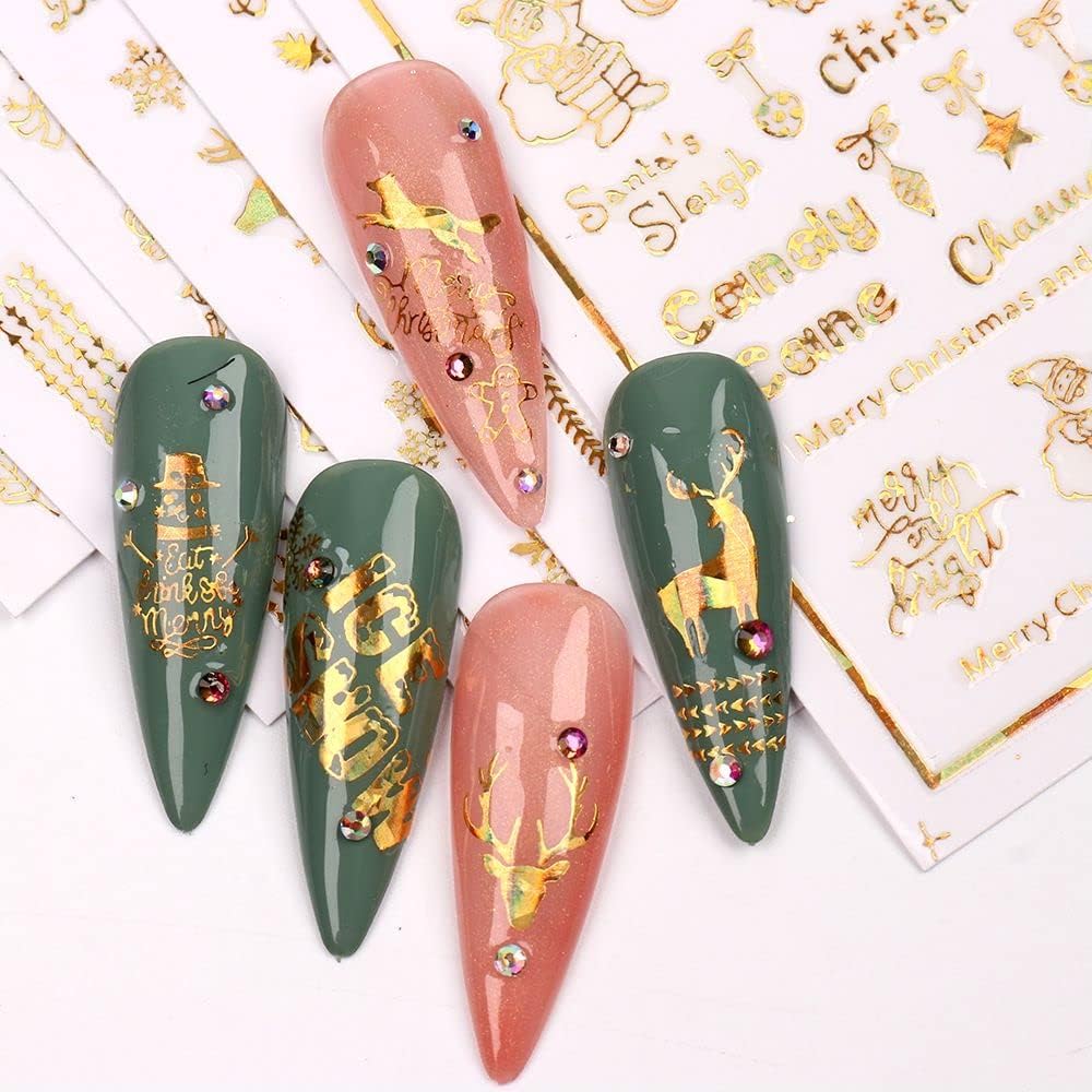 9 Sheets Christmas Nail Art Stickers Decals Self-Adhesive Pegatinas Uñas Holiday Glod Laser Snowflakes Snowman Nail Supplies Nail Art Design Decoration Accessories-Velvo Beauty