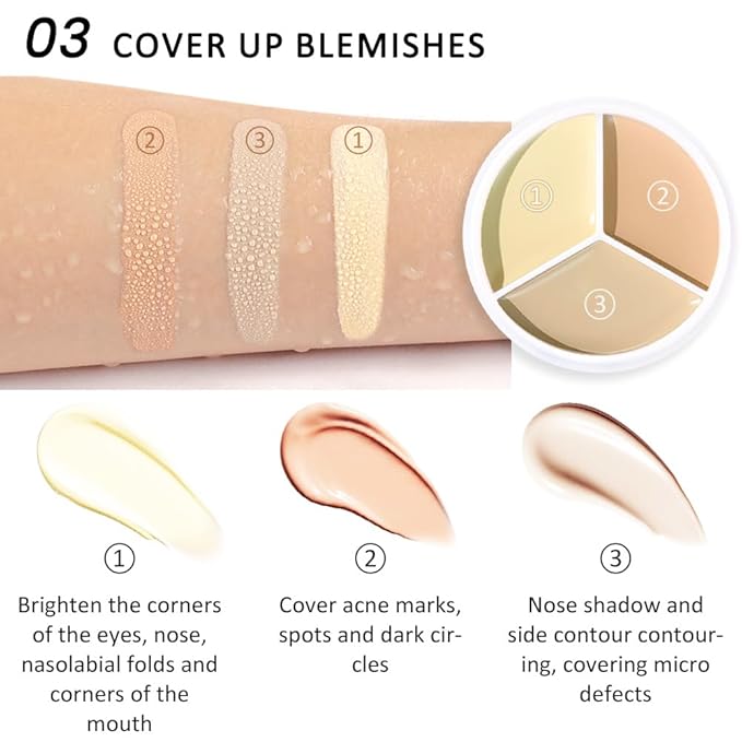 Kaely Tri Color Concealer Pot,Color Correcting Concealer for Dark Circles Spots,3 Color Cream Concealer Full Coverage,Foundation Contour Makeup Palettes,under Eye Brightener corrector de ojeras,03-Velvo Beauty