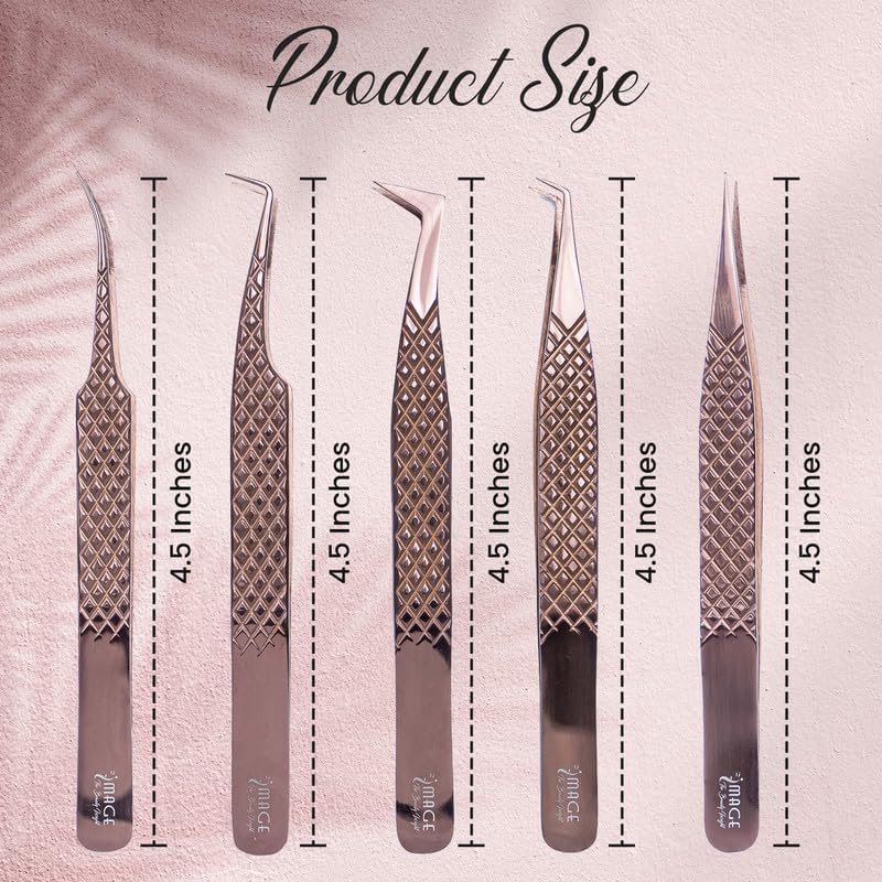 5 Pcs Fiber-Tip Japanese Steel Lash Tweezer Set with Leather Case, Professional Eyelash Tweezers for Lash Extensions – Titanium Coated, 90 & 45 Angled, Precision Pointed Tweezers (METALIC-ROSE)-Velvo Beauty