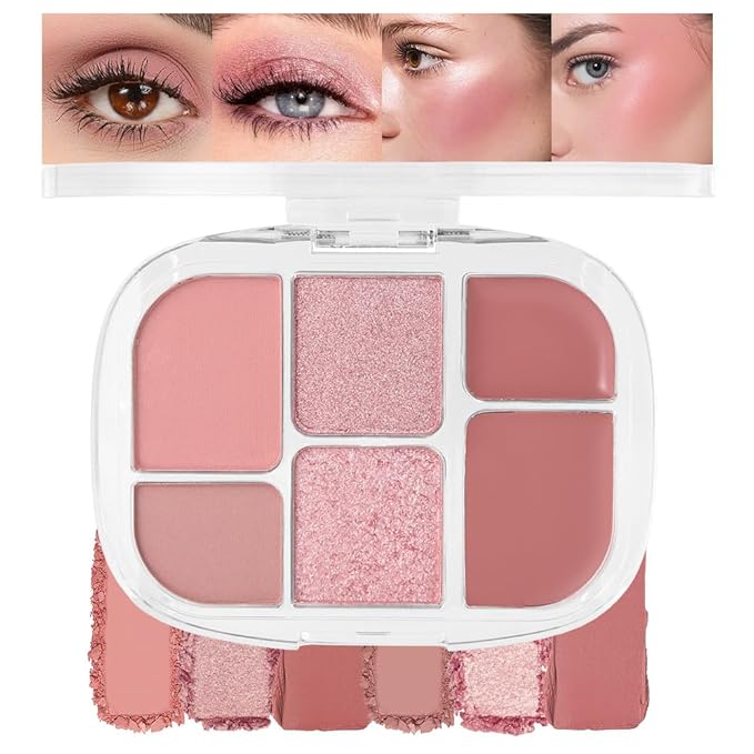 6-in-1 Cream & Powder Makeup Palette – Blush Highlighter & Eyeshadow, Matte & Shimmer Rose Nude Tones, Travel-Friendly Compact for Daily & Travel Use 02-Velvo Beauty