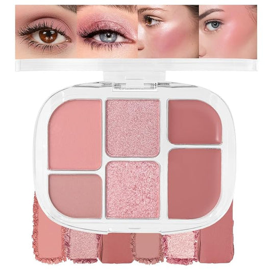 6-in-1 Cream & Powder Makeup Palette – Blush Highlighter & Eyeshadow, Matte & Shimmer Rose Nude Tones, Travel-Friendly Compact for Daily & Travel Use 02-Velvo Beauty